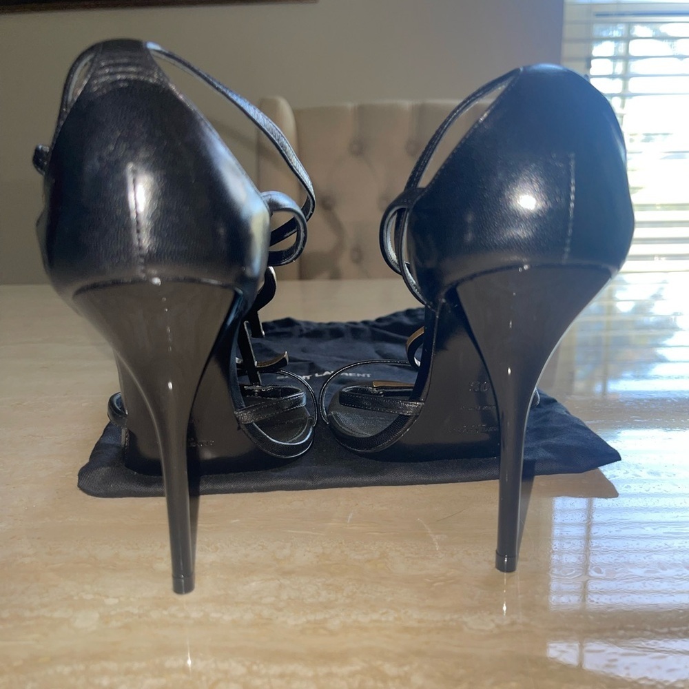Saint Laurent Black Leather Stiletto Sandals with Gold YSL Logo - Picture 6 of 9